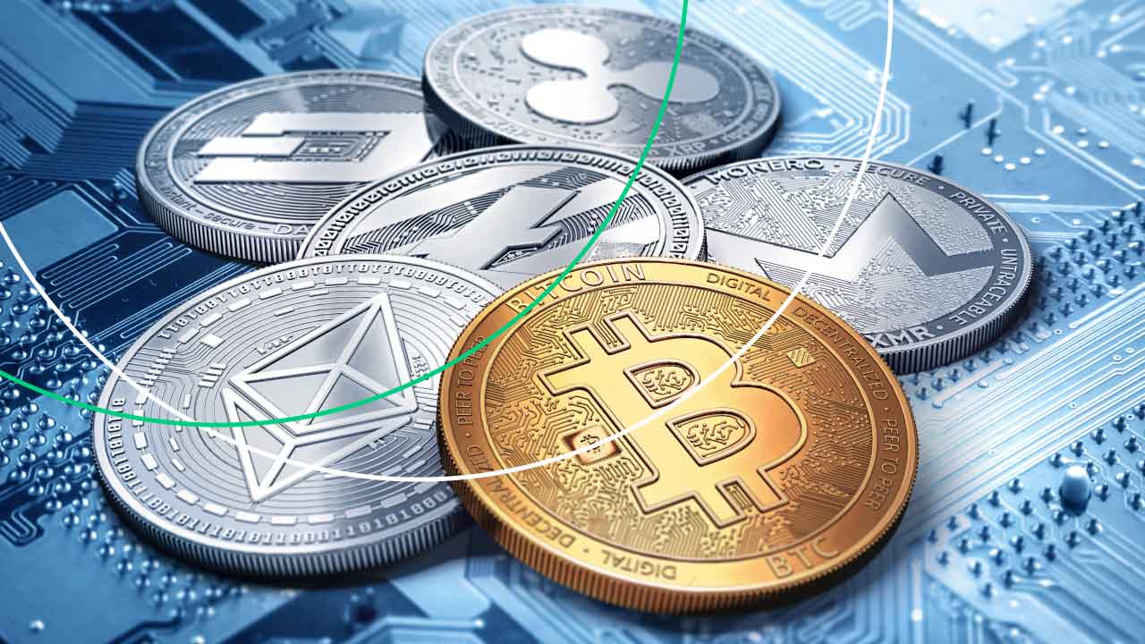 Get Started with Cryptocurrency CFDs: Everything You Need to Know – Physical representations of cryptocurrencies, including Bitcoin, Ethereum, and Litecoin, placed on a digital circuit board, symbolizing cryptocurrency CFD trading.
