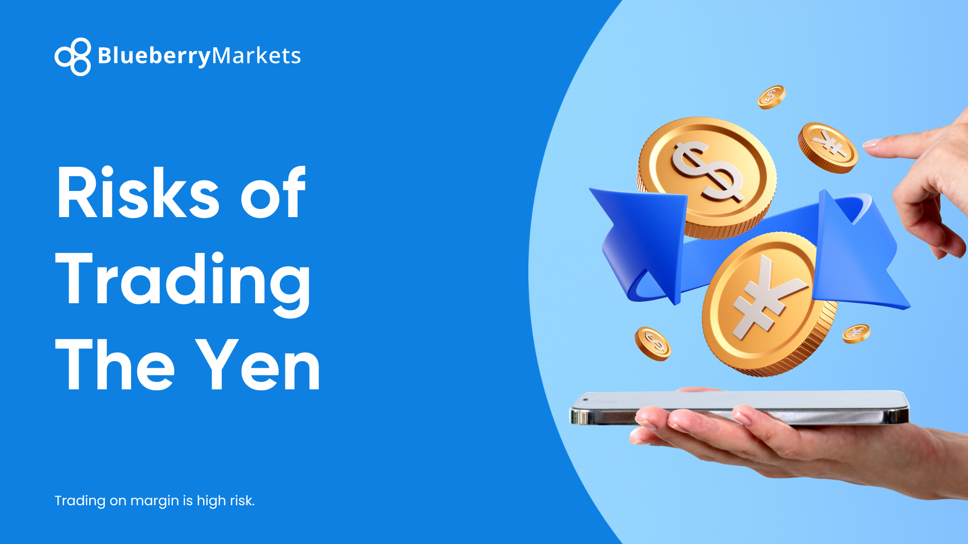 lueberry Markets slide titled "Risks of Trading The Yen," featuring a visual of a hand holding a smartphone with floating currency symbols for the dollar and yen