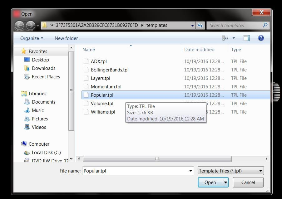 screenshot shows a file selection window in Windows, specifically for loading a MetaTrader 4 (MT4) template file (.TPL).