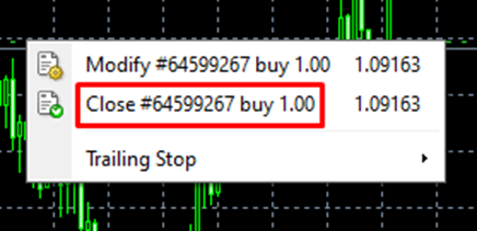 a trade closure menu in MetaTrader.
