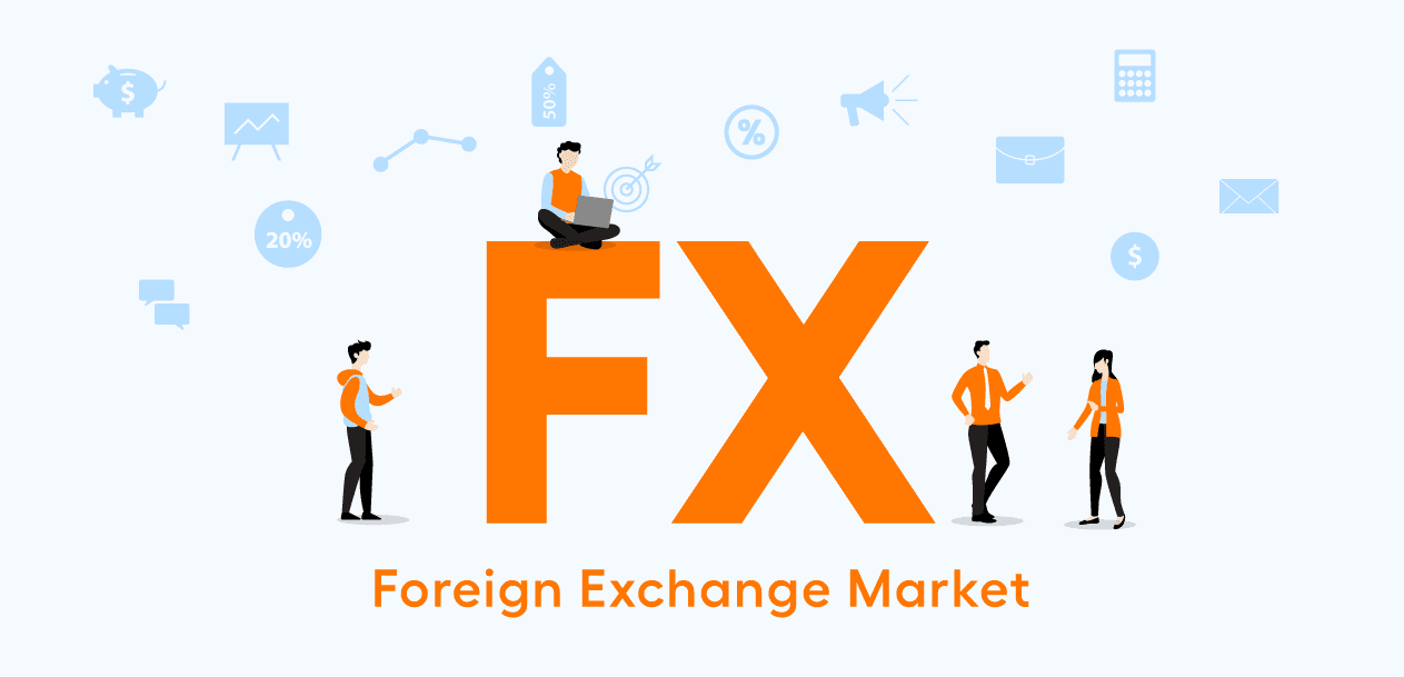 Illustration representing the Foreign Exchange (FX) Market with large orange 'FX' letters and people interacting around them, illustrating forex: its history and futures
