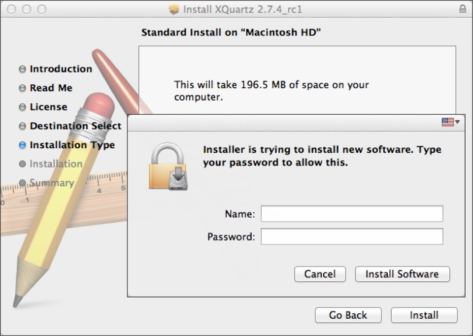 Screenshot of the XQuartz 2.7.4 installer on macOS.