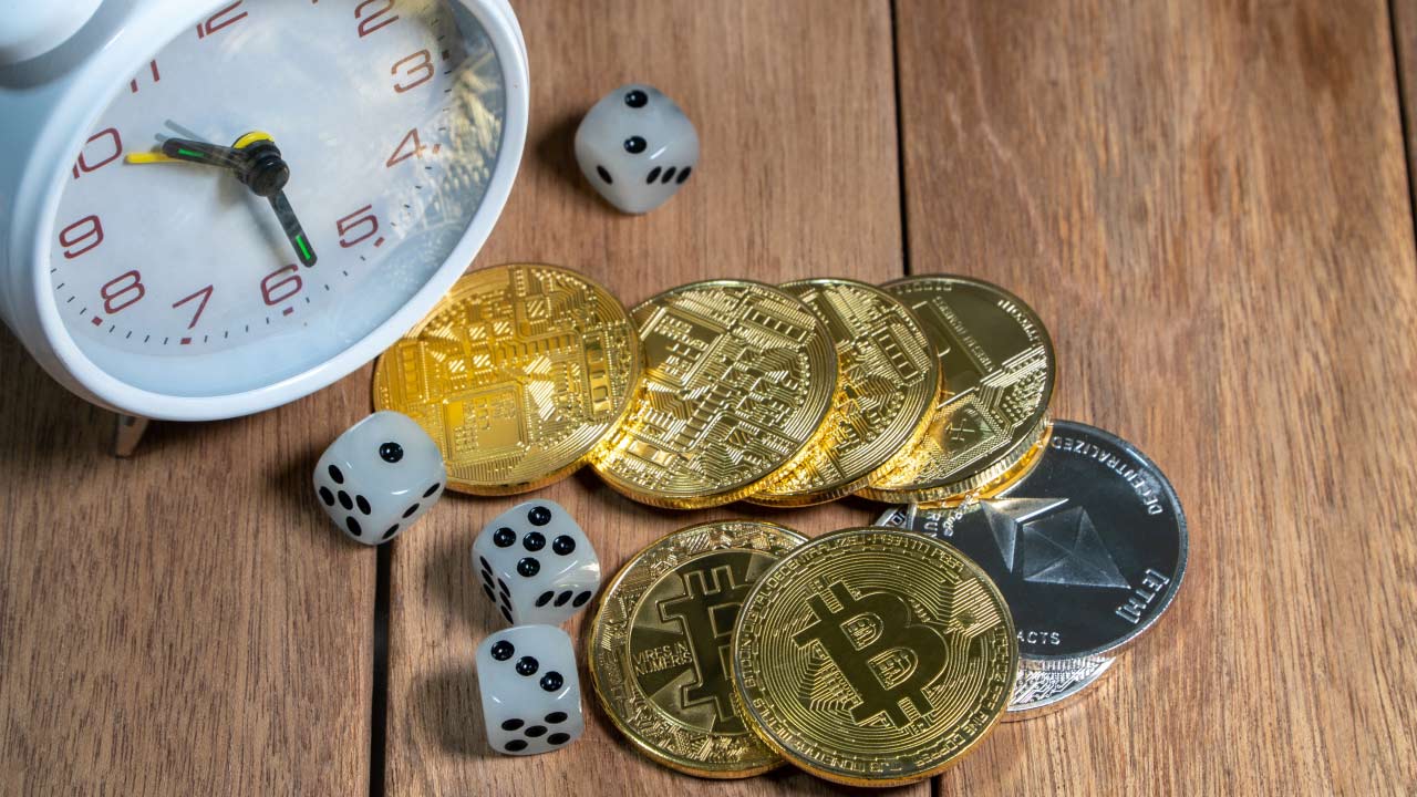An image symbolizing cryptocurrency trading time frames, featuring a clock, Bitcoin and Ethereum coins, and dice