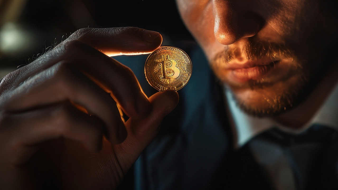 A trader holding a Bitcoin coin, symbolizing the process of developing a personal crypto trading strategy.