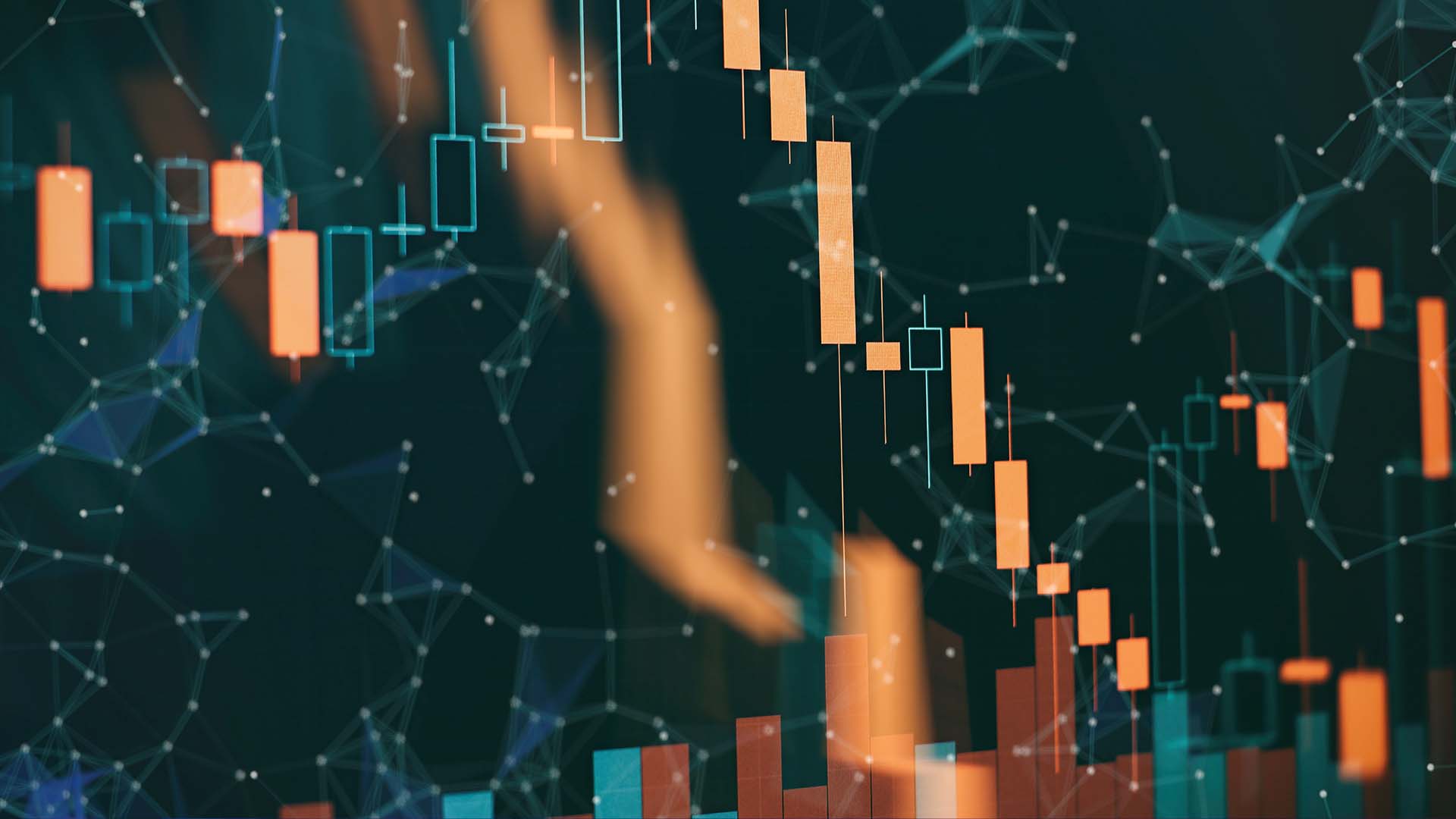 Protective Put Strategy: The Complete Guide – A digital stock market chart featuring candlestick patterns and network connections, representing risk management in trading.