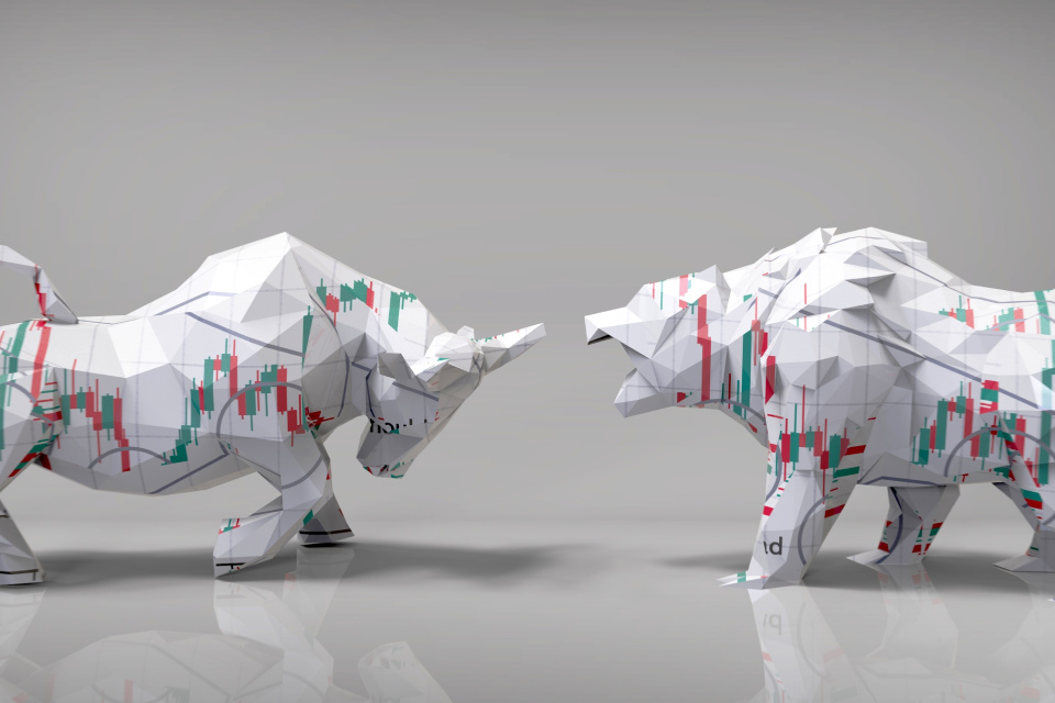 3D-rendered digital illustration of bullish and bearish market concepts, illustrating how to trade bearish and bullish pennant patterns.