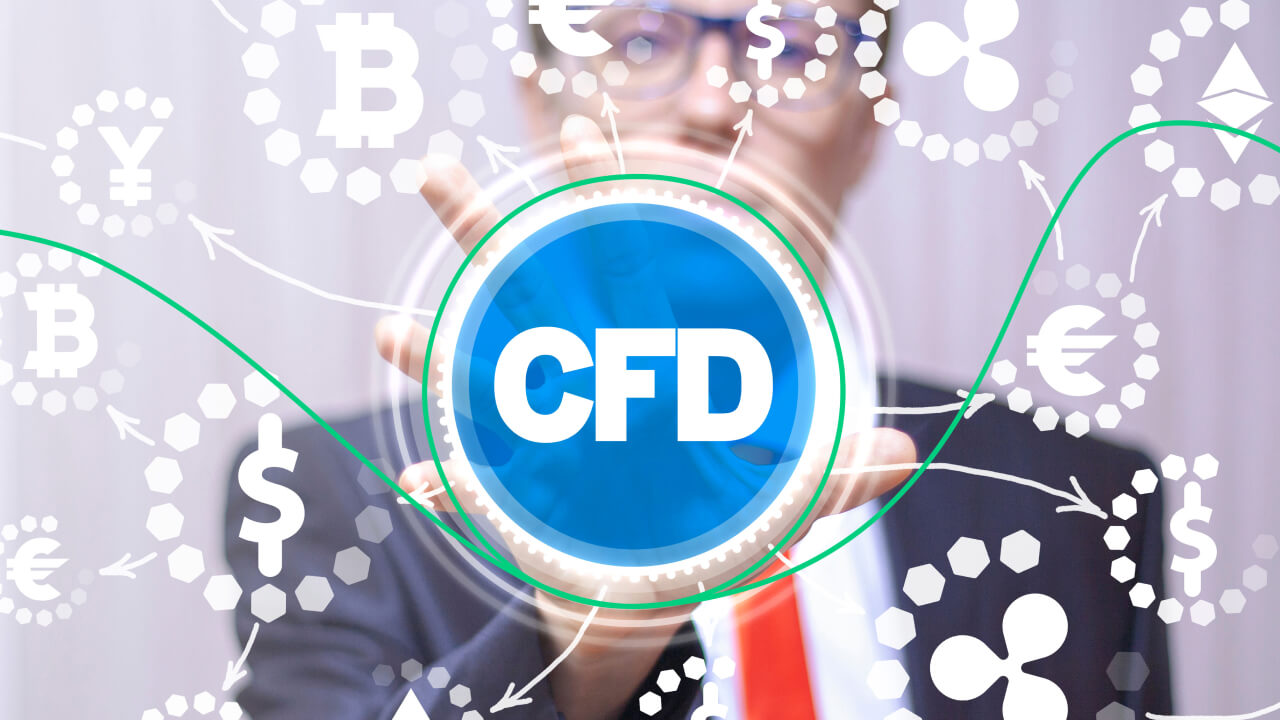 A businessman in a suit touching a digital interface displaying 'CFD' in a blue circle, surrounded by currency and cryptocurrency symbols. Top Benefits of Trading CFDs.