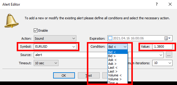 the 'Alert Editor' settings in MetaTrader.