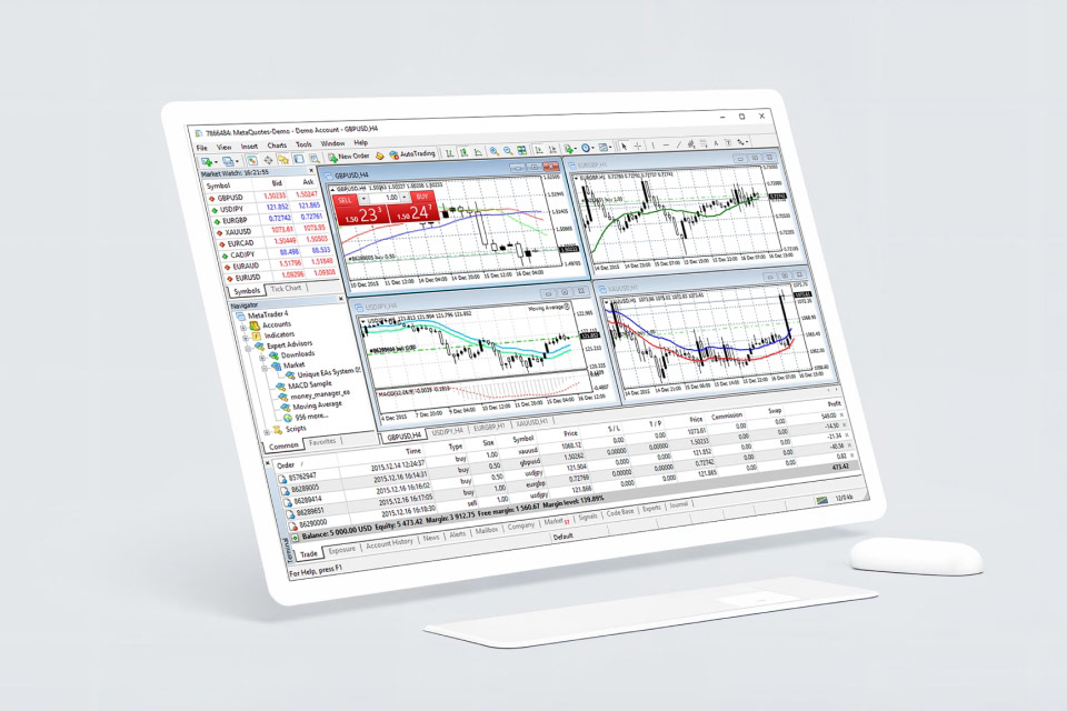 Computer monitor displaying the MetaTrader 4 trading platform, illustrating a complete guide to using MetaTrader 4.