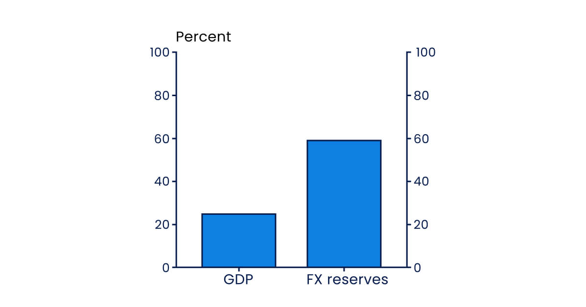 This bar chart compares two economic indicators (GDP and FX reserves) expressed in percentages.