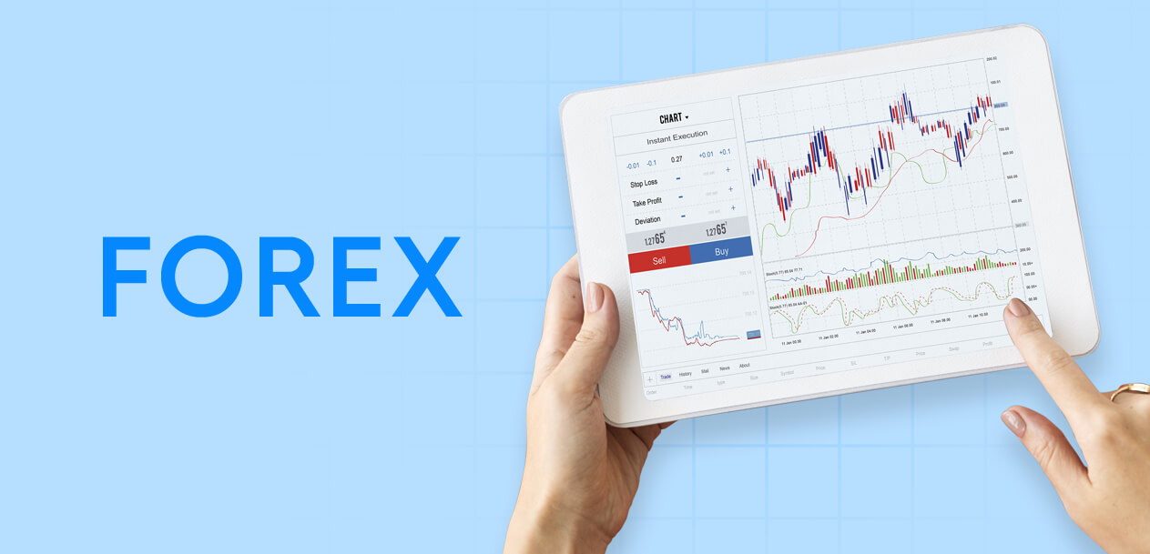 a hand holding a tablet displaying a forex trading platform interface 
