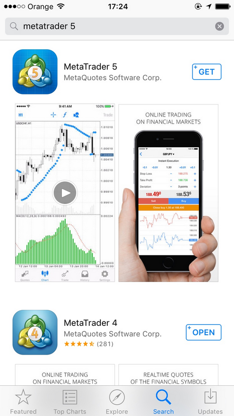 Apple App Store showing search results for 'MetaTrader 5'