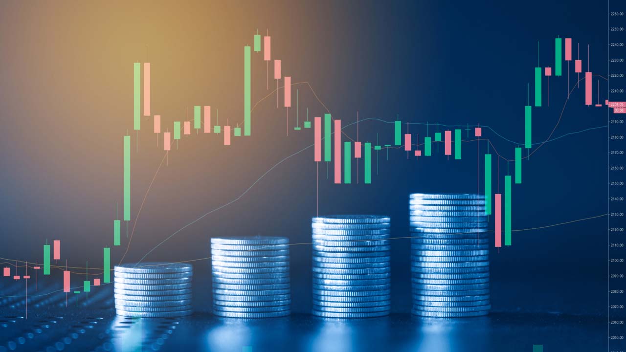 Stacks of coins with a financial candlestick chart overlay, illustrating market analysis and price movement, related to setting price alerts with MetaTrader 4.