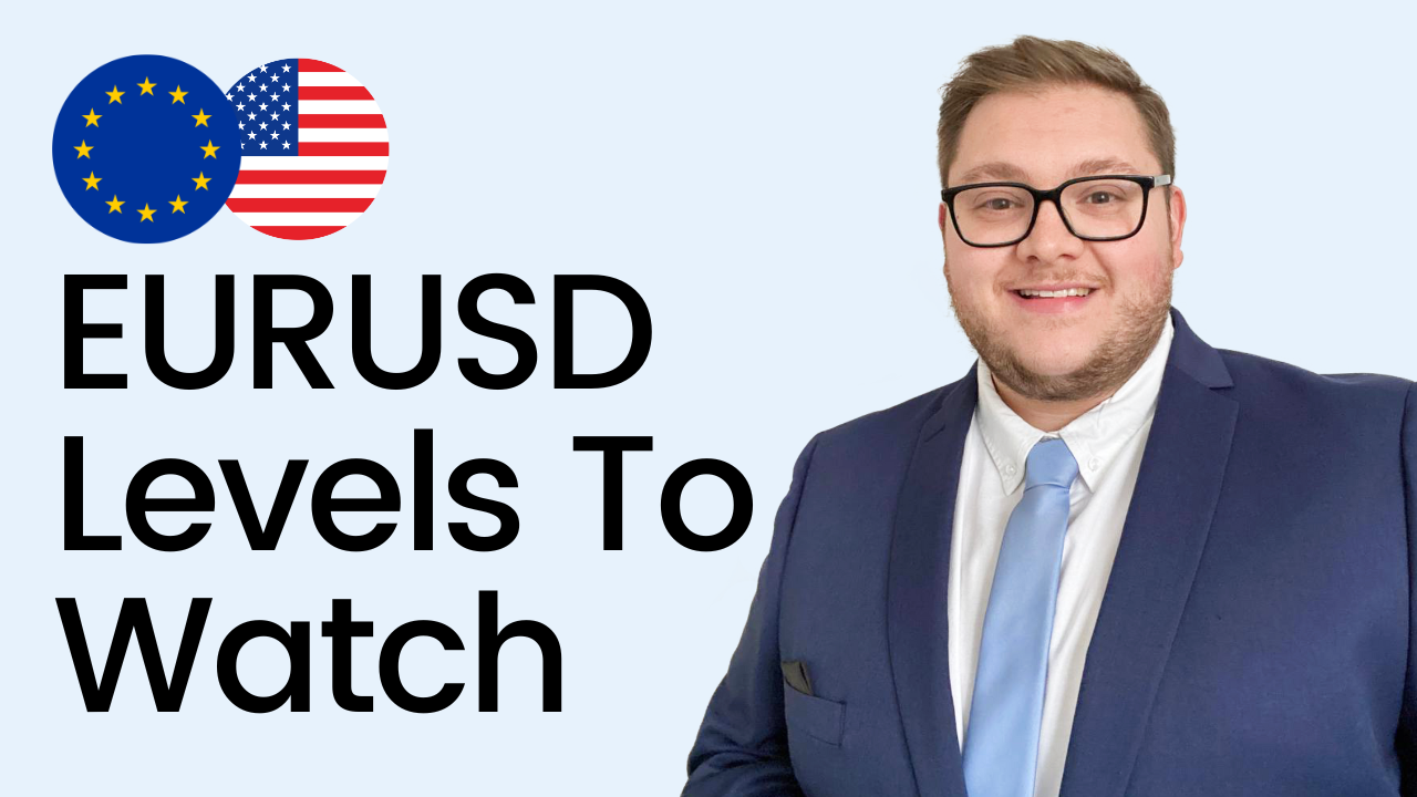 A man with text of EUR/USD levels to watch on the side, illustrating a trader's guide to today's Federal Funds Rate decision