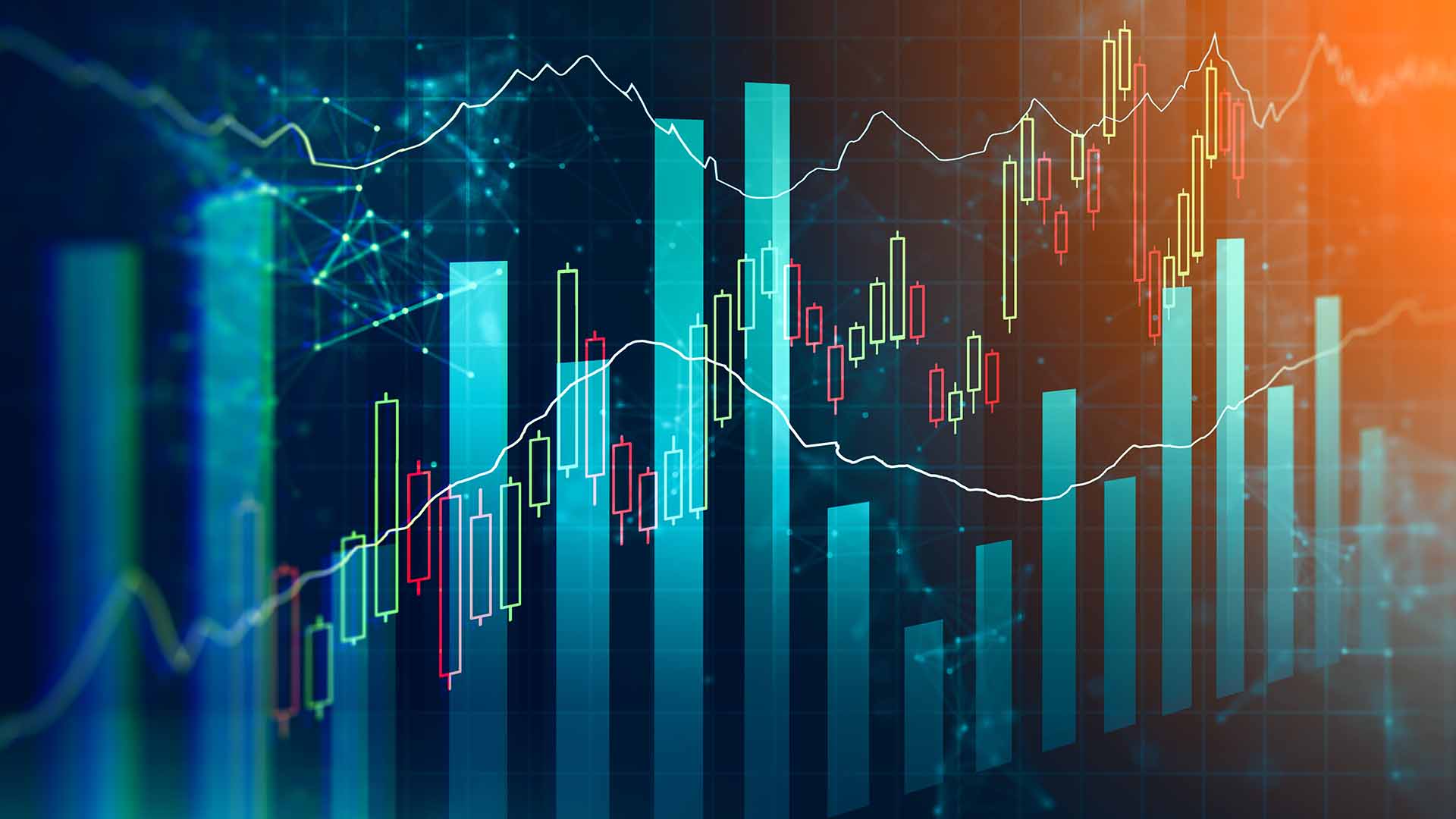 Rate of Change (ROC) Indicator Explained, illustrated by an abstract financial chart with colorful candlesticks, vertical bar graphs, and white trend lines overlaid on a digital grid background.