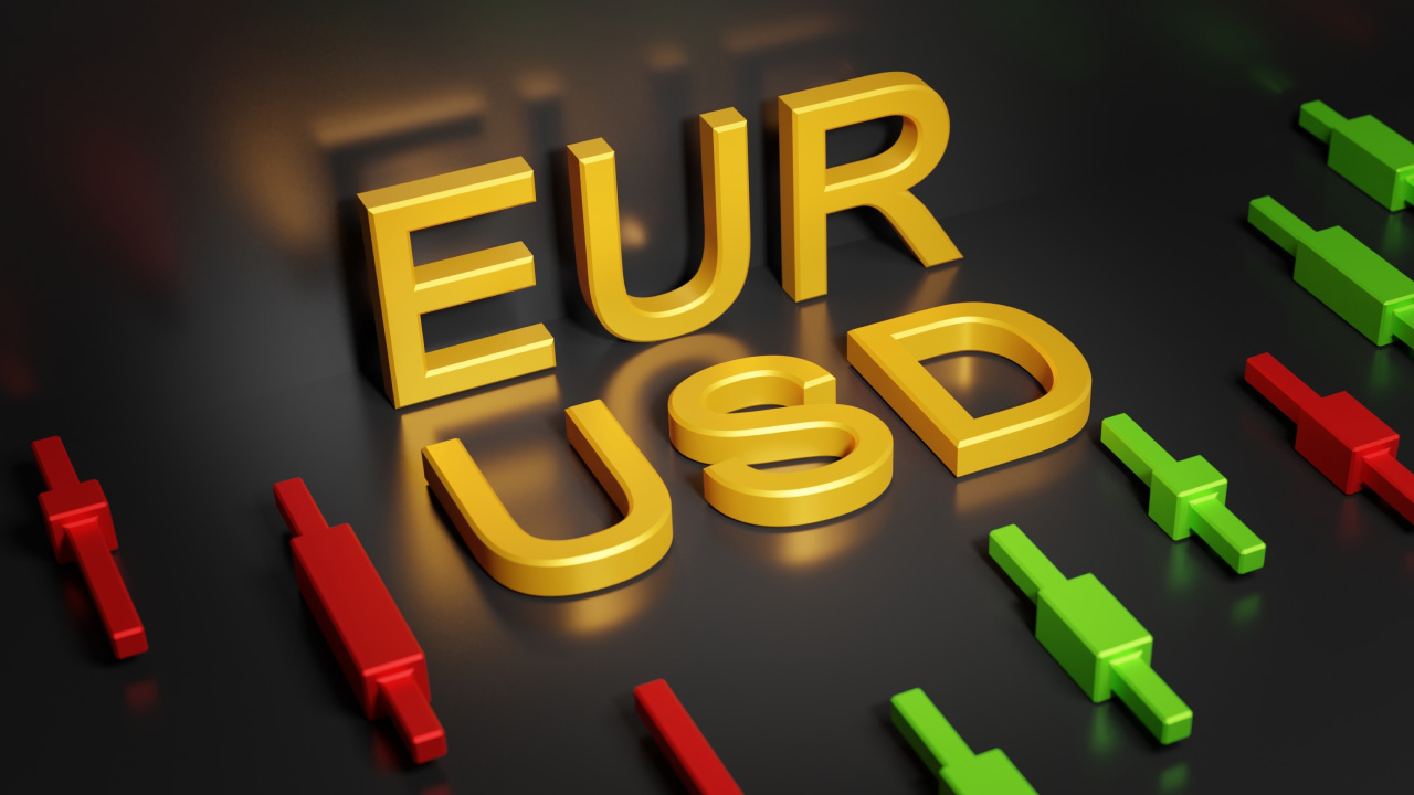 EUR/USD Price Forecast 2024 – A 3D-rendered financial concept featuring bold golden EUR/USD text with red and green candlestick chart elements on a dark reflective surface.
