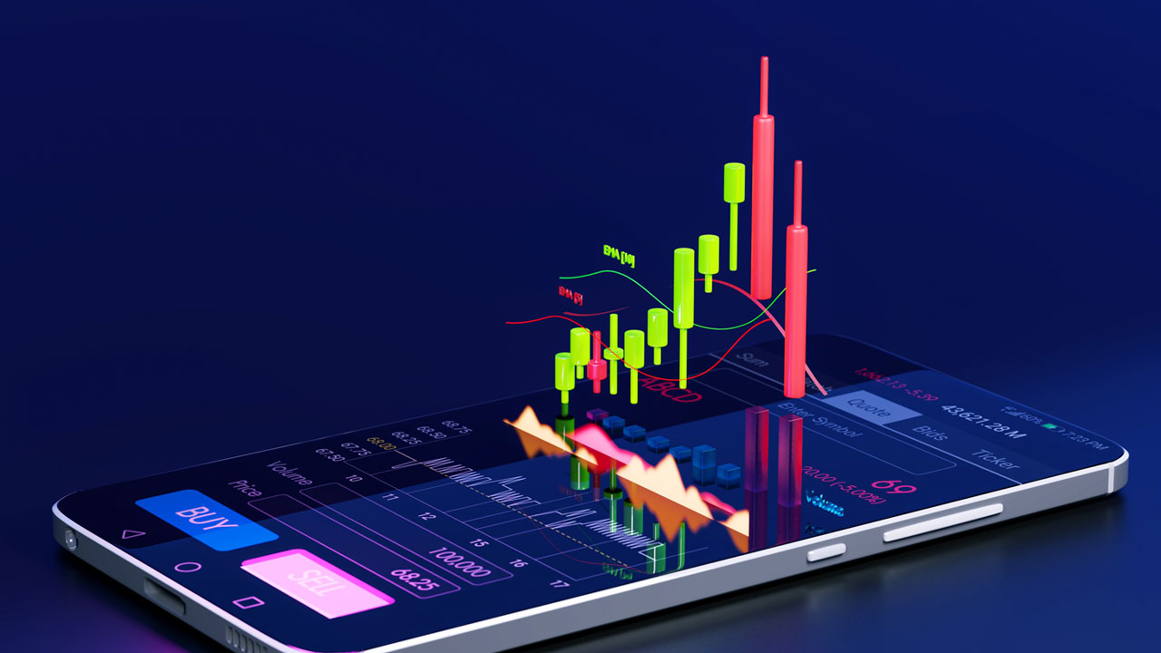 Take-Profit Order concept illustrated with a 3D candlestick chart emerging from a smartphone screen, displaying buy and sell options.