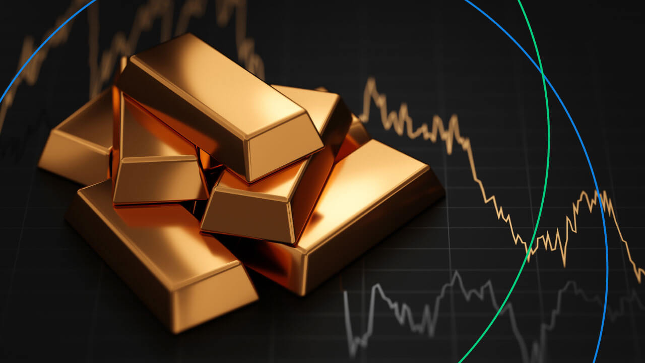 Gold Price Forecast for 2023 – A stack of gold bars against a dark background with fluctuating financial charts, representing gold market trends and price predictions.