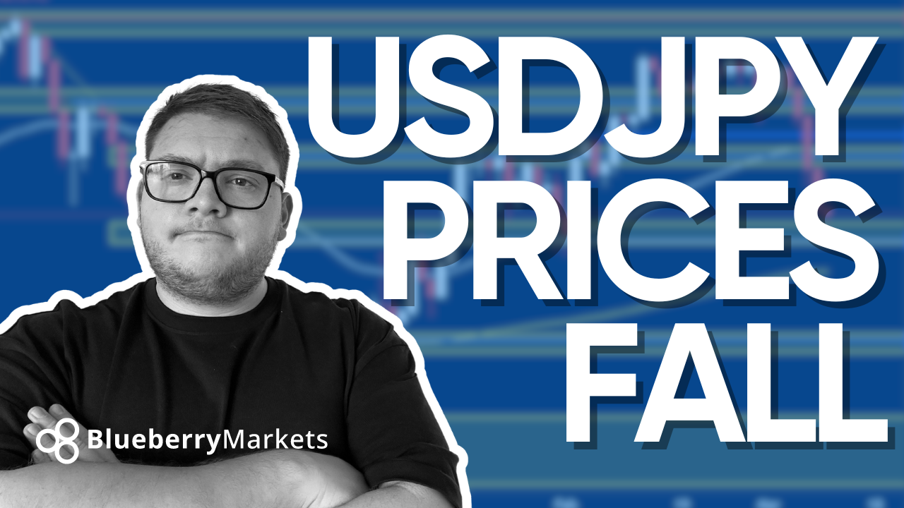 A thumbnail image for a Blueberry Markets video or article about USD/JPY price movement, illustrating the recent plunge of USDJPY and questioning if further decline is imminent