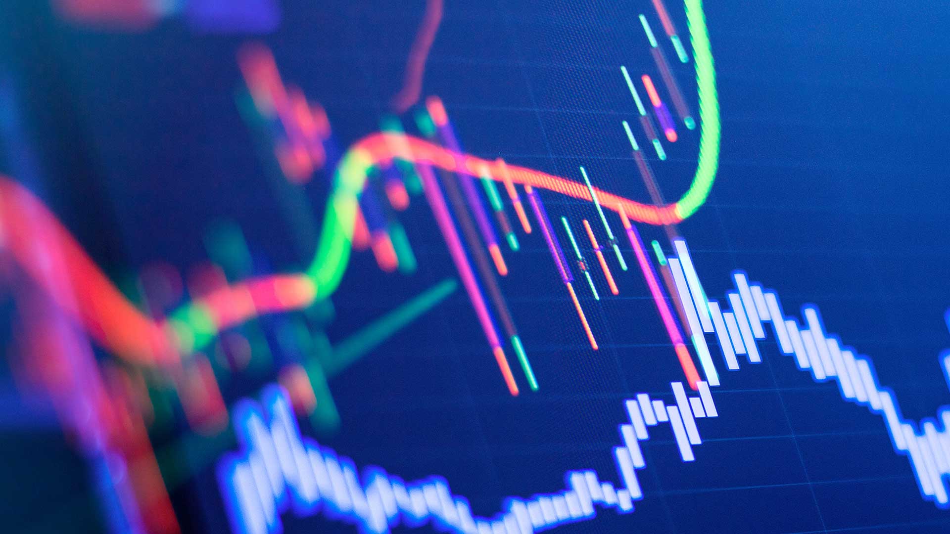 A colorful digital stock chart featuring multiple trend lines and candlesticks, indicating market movement and sentiment analysis.