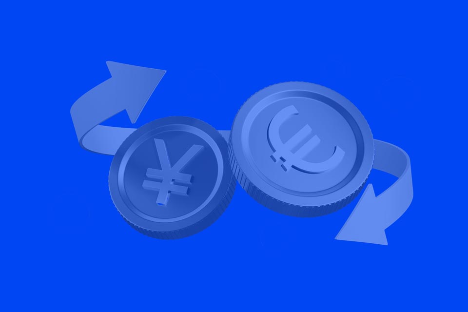 Illustration of Yen and Euro symbols with circular arrows on a blue background, illustrating tips for forex trading for beginners