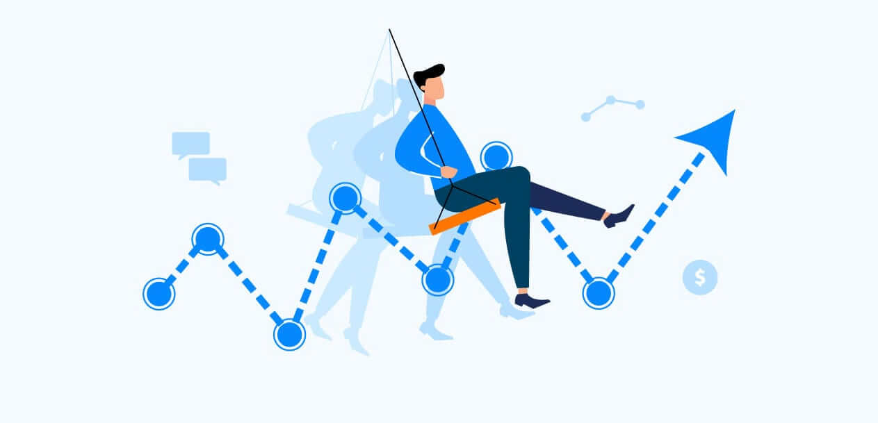 The Basics Of Swing Trading, illustrated by a person swinging along a rising dotted line graph representing market movements and swing trading.