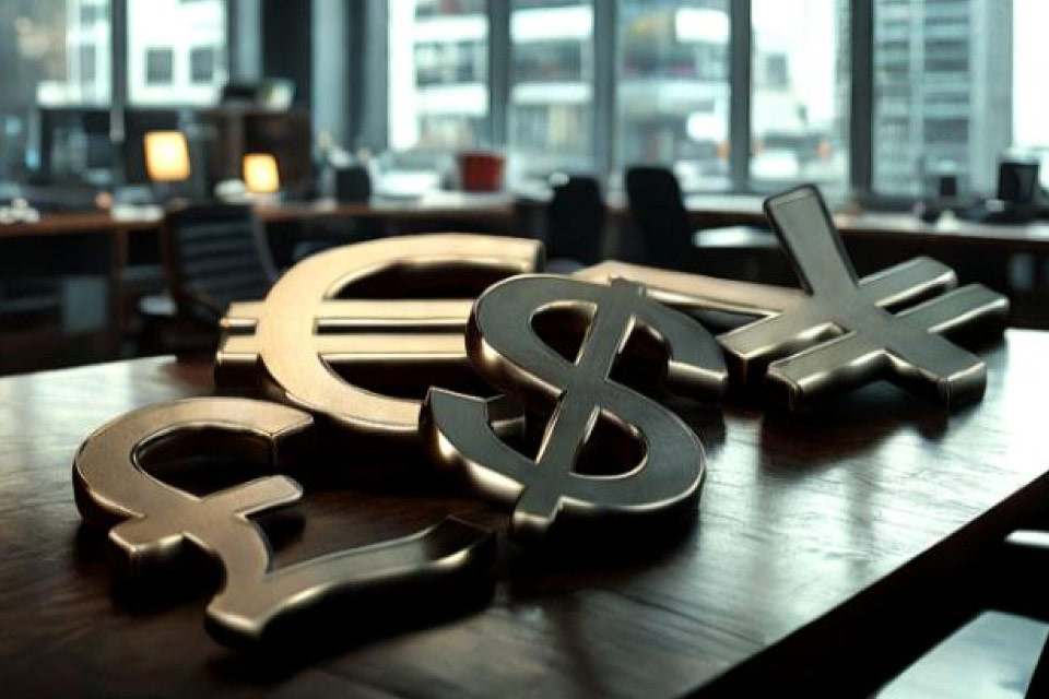 When to trade a forex cross pair? Metallic currency symbols (€, $, ¥, £) placed on a wooden table in a modern office, symbolizing forex trading opportunities beyond major currency pairs.
