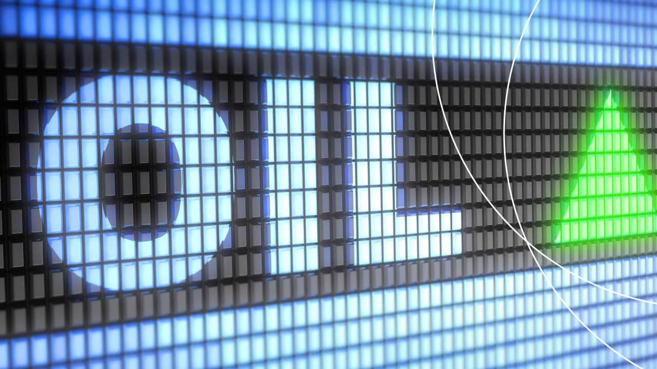 Digital stock market display showing 'OIL' with a green upward arrow, symbolizing oil price movement and trading opportunities.