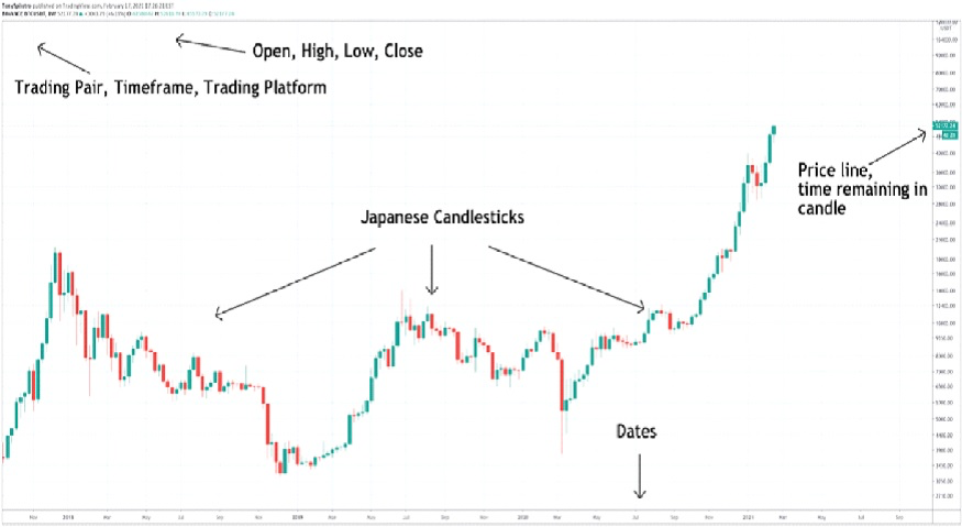 A candlestick chart showing trading data with labeled components.