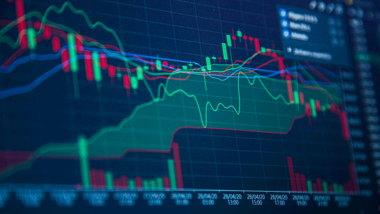 close-up of a financial trading chart displayed on a dark screen showing red and green candlesticks