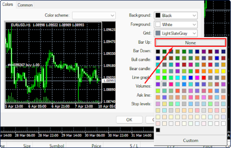MetaTrader color settings window with a black background and green candlestick chart on the left