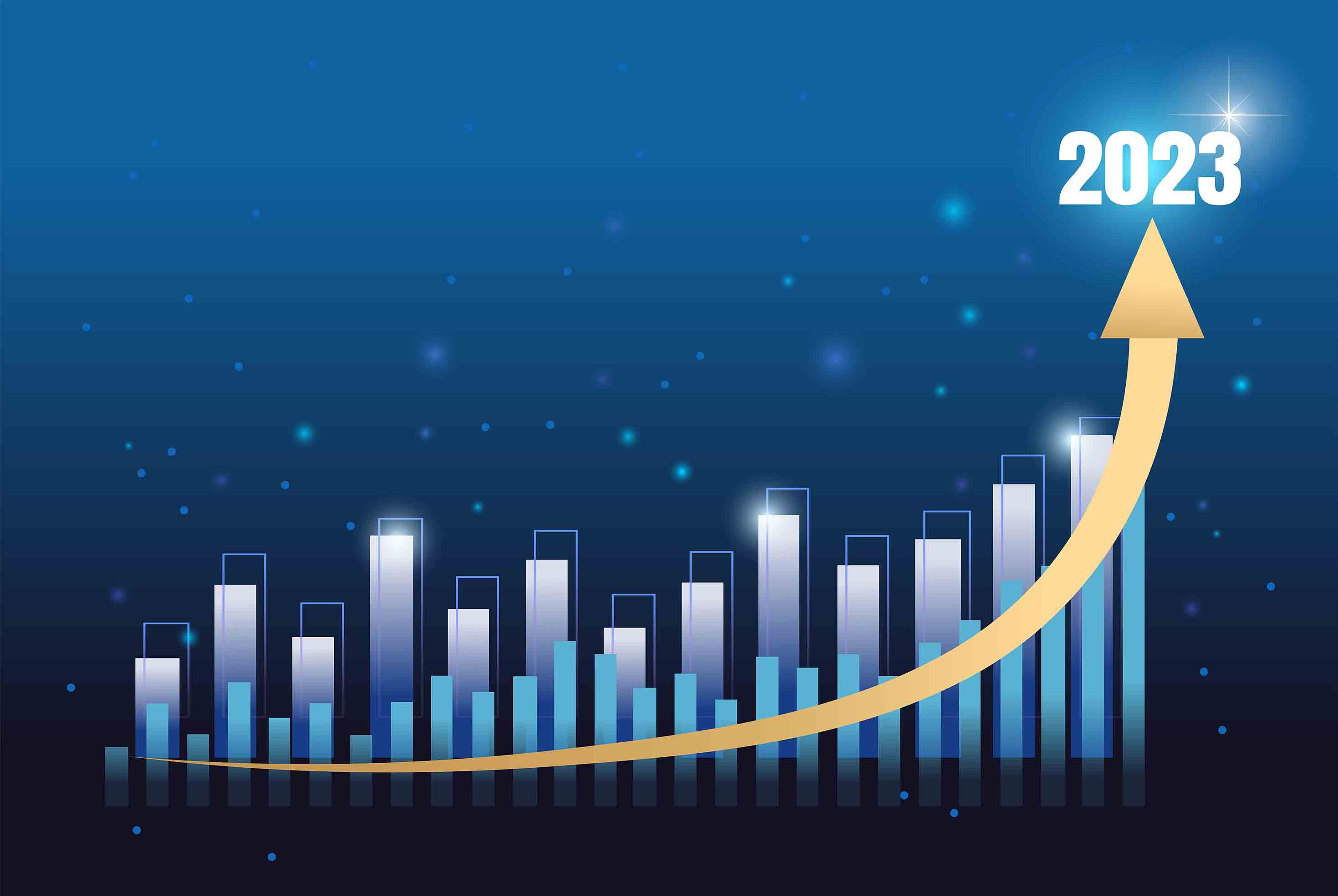 Top Forex Trends For 2023, illustrated by a rising bar chart with a yellow upward arrow pointing to '2023' against a dark blue background with glowing lights.