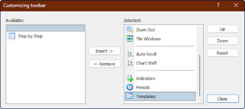 customization window showing toolbar settings with 'Step by Step' on the left panel
