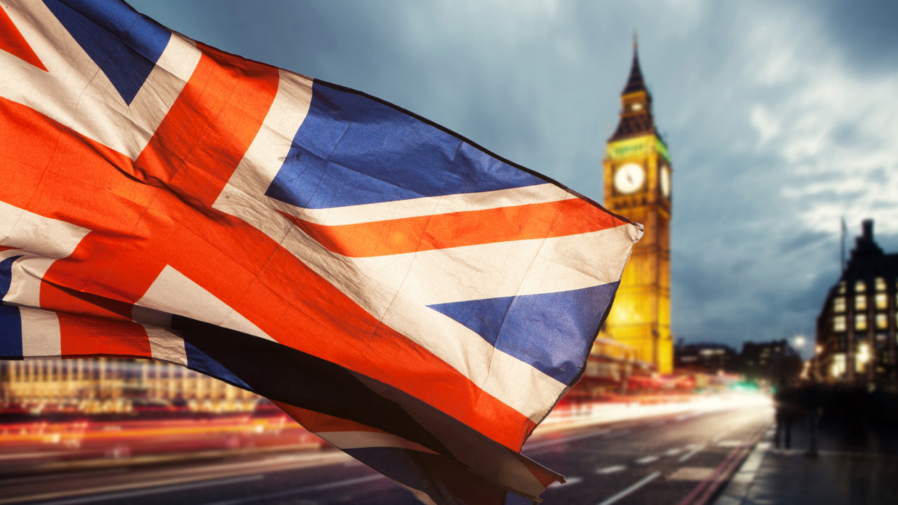 FTSE 100 vs FTSE 250: What’s The Difference? – A waving Union Jack flag in the foreground with Big Ben and the London cityscape in the background, symbolizing the UK financial markets and the distinction between major stock indices.