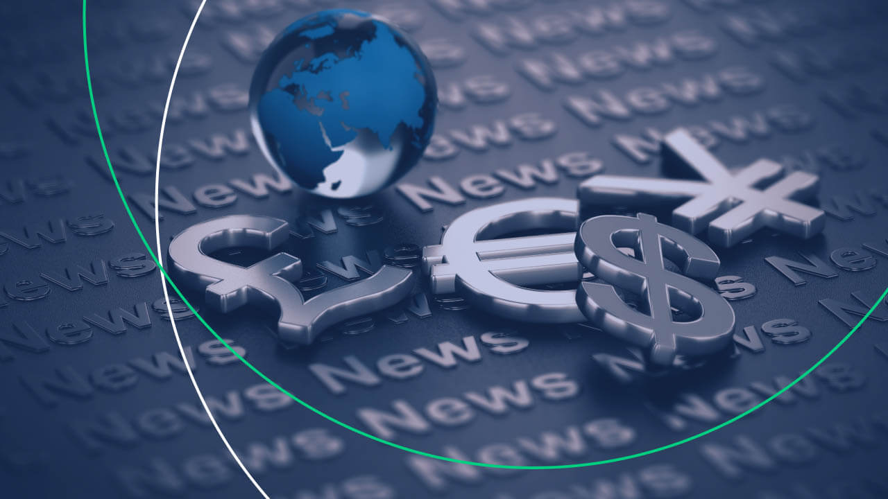Global currencies symbols (Pound, Euro, Dollar, Yen) with a blue globe on a background featuring repeated 'News' text, representing forex news trading strategy.