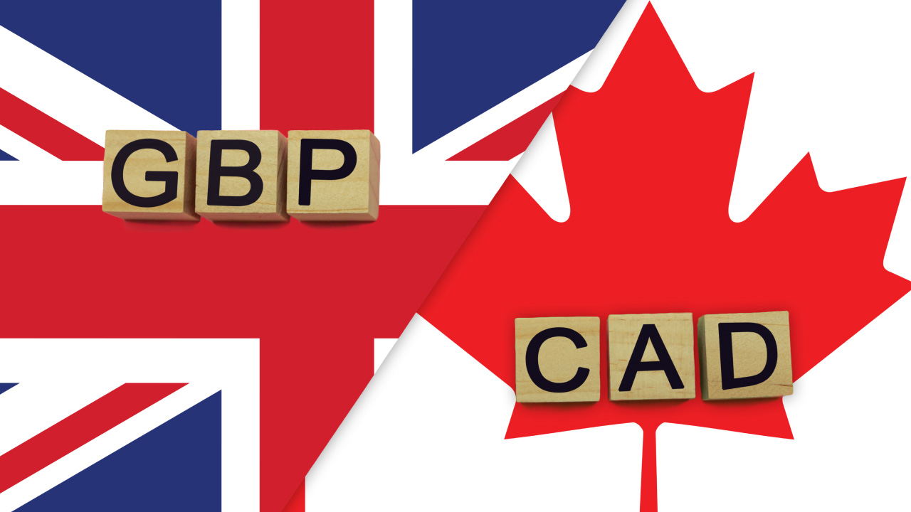 GBP/CAD trading concept featuring the United Kingdom and Canada flags with wooden letter blocks spelling 'GBP' and 'CAD' respectively.