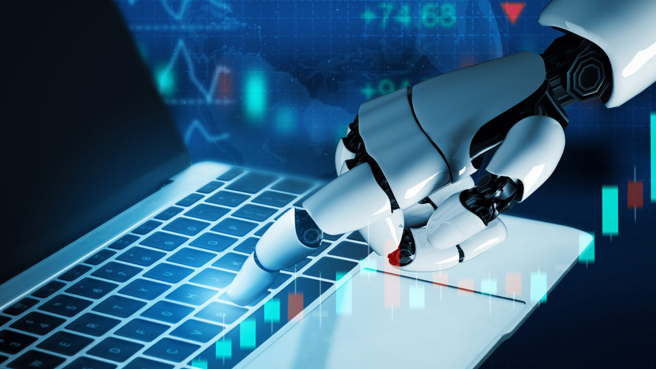 A laptop showing a hand of a robot, illustrating how AI is changing the forex market in 2024