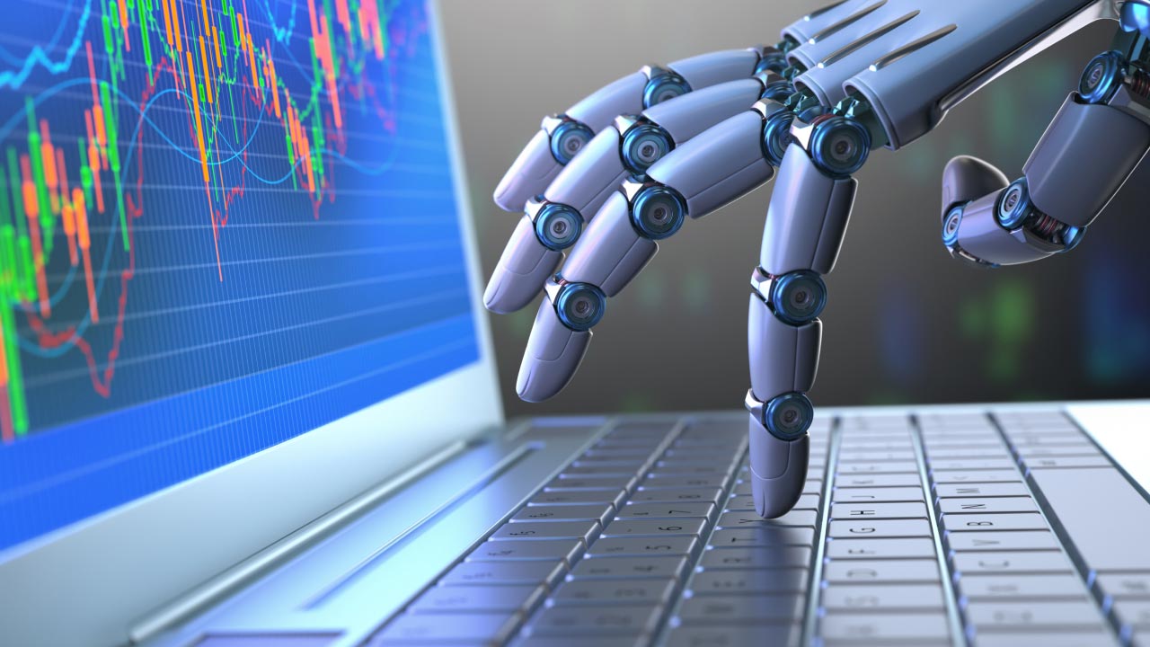 A robotic hand typing on a laptop keyboard with a trading chart displayed on the screen, symbolizing the creation of an AI trading bot using ChatGPT.