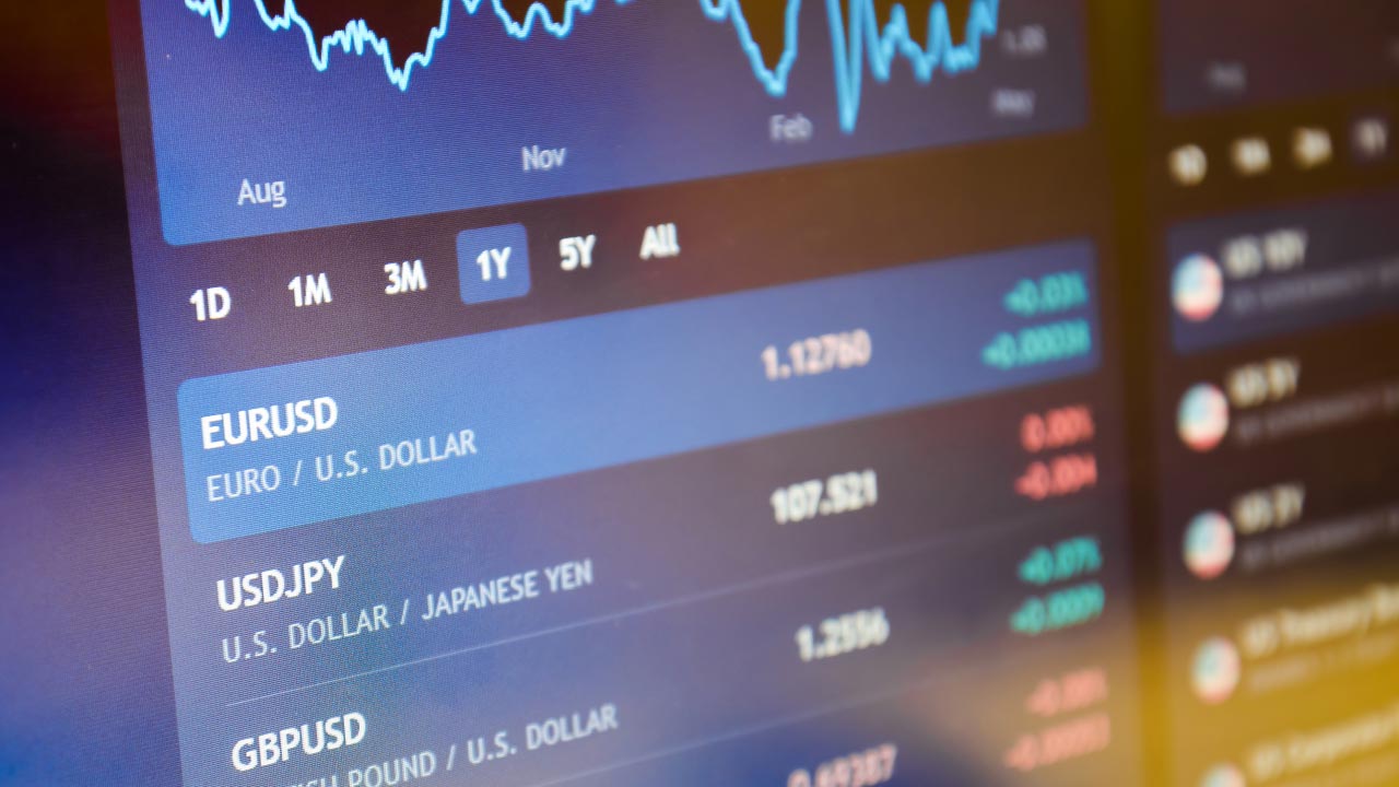A digital forex trading screen displaying currency pairs like EUR/USD, USD/JPY, and GBP/USD, showing exchange rates and price movements for understanding forex trading quotes.