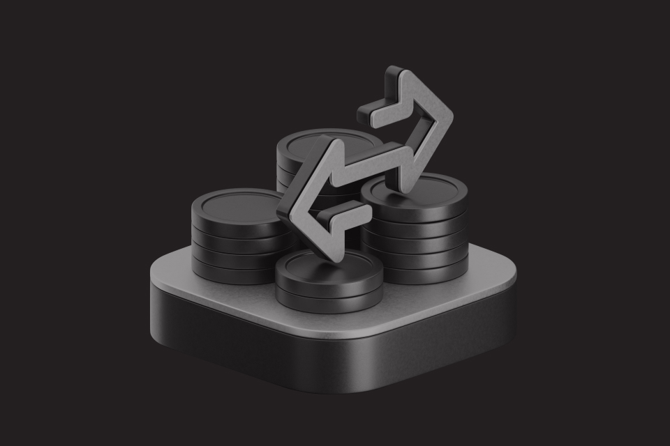 A 3D-rendered black forex trading concept with stacked coins and dynamic arrows, illustrating why trading with data matters for informed financial decisions.