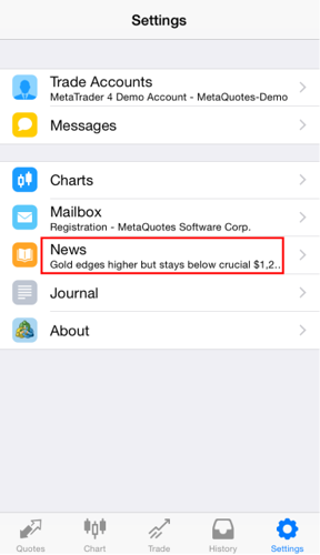 Settings screen on a mobile trading app showing account details, messages, charts, mailbox, news section with headline preview