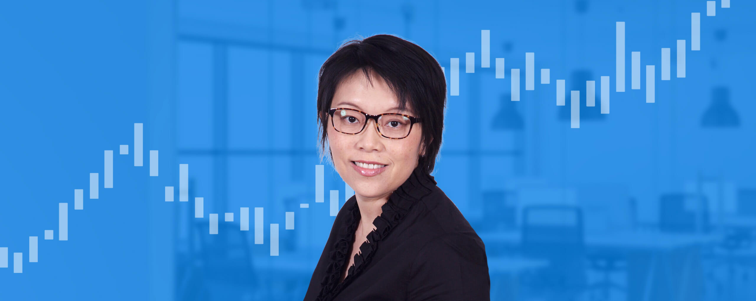 Binni Ong on the Past, Present, and Future of Forex: A professional woman in glasses with a financial candlestick chart overlay, symbolizing forex market insights.