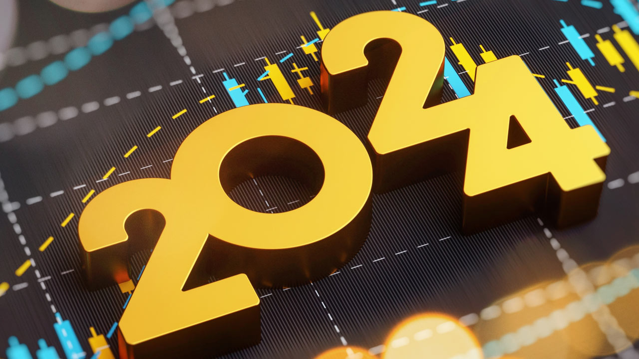 A bold, golden 2024 text overlaid on a financial chart with candlestick patterns, symbolizing economy and stock market predictions for the year.