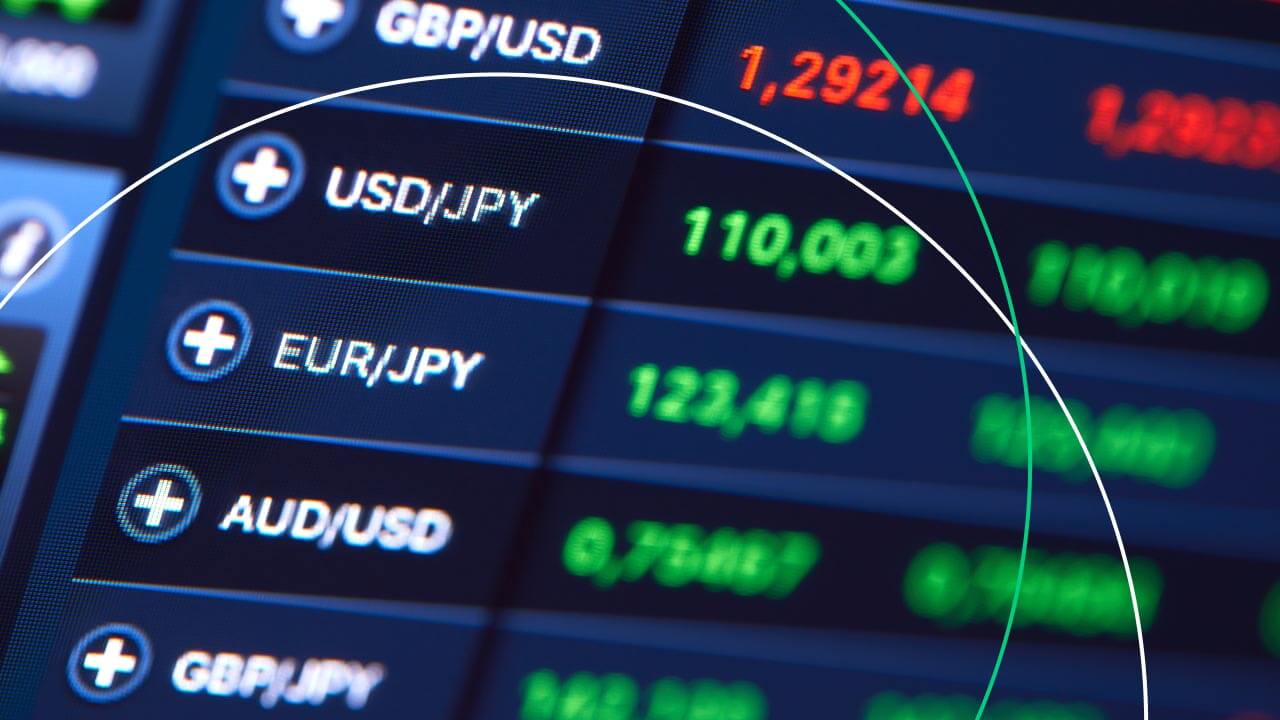 A close-up of a forex trading screen displaying various currency pairs like USD/JPY, EUR/JPY, and GBP/USD, with price movements in green and red, indicating market volatility.