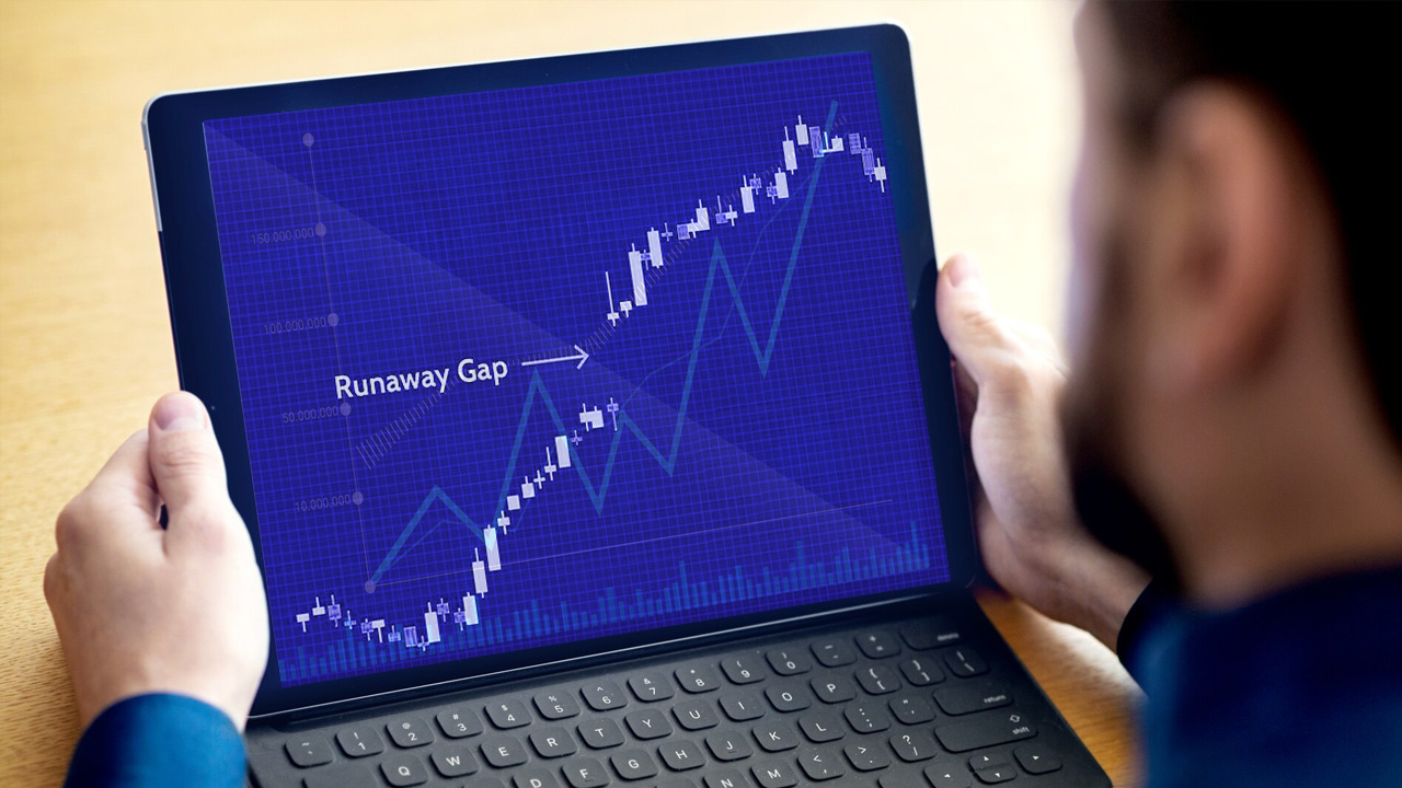 Runaway Gap: Identifying and Trading Trends – A trader analyzing a digital stock chart on a tablet, highlighting a runaway gap in an upward trend.