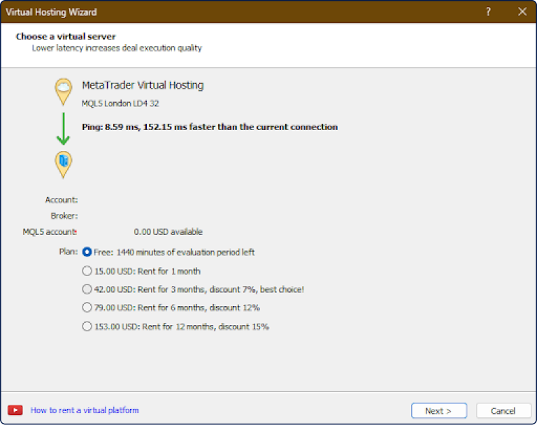 the 'Virtual Hosting Wizard' window in MetaTrader showing options to choose a virtual server