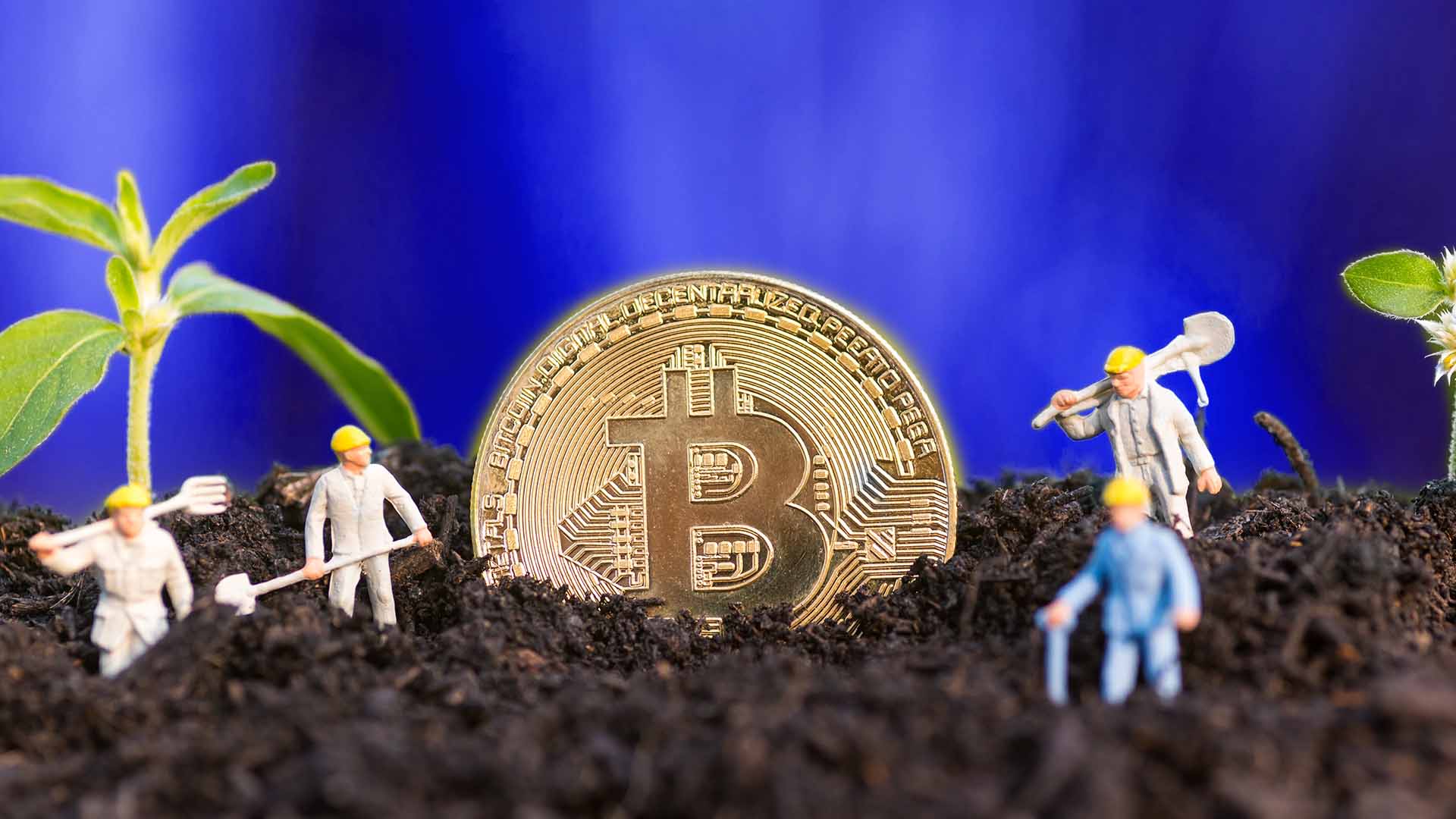 A conceptual representation of crypto yield farming, featuring a gold Bitcoin coin emerging from soil with miniature figurines of workers digging around it. Symbolizes cryptocurrency mining and investment growth.