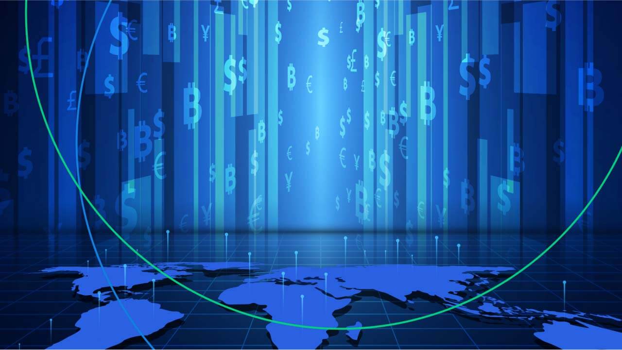 Digital representation of global currencies with floating symbols of dollar, euro, yen, and bitcoin over a blue-toned world map, illustrating the 15 strongest currencies in the world.