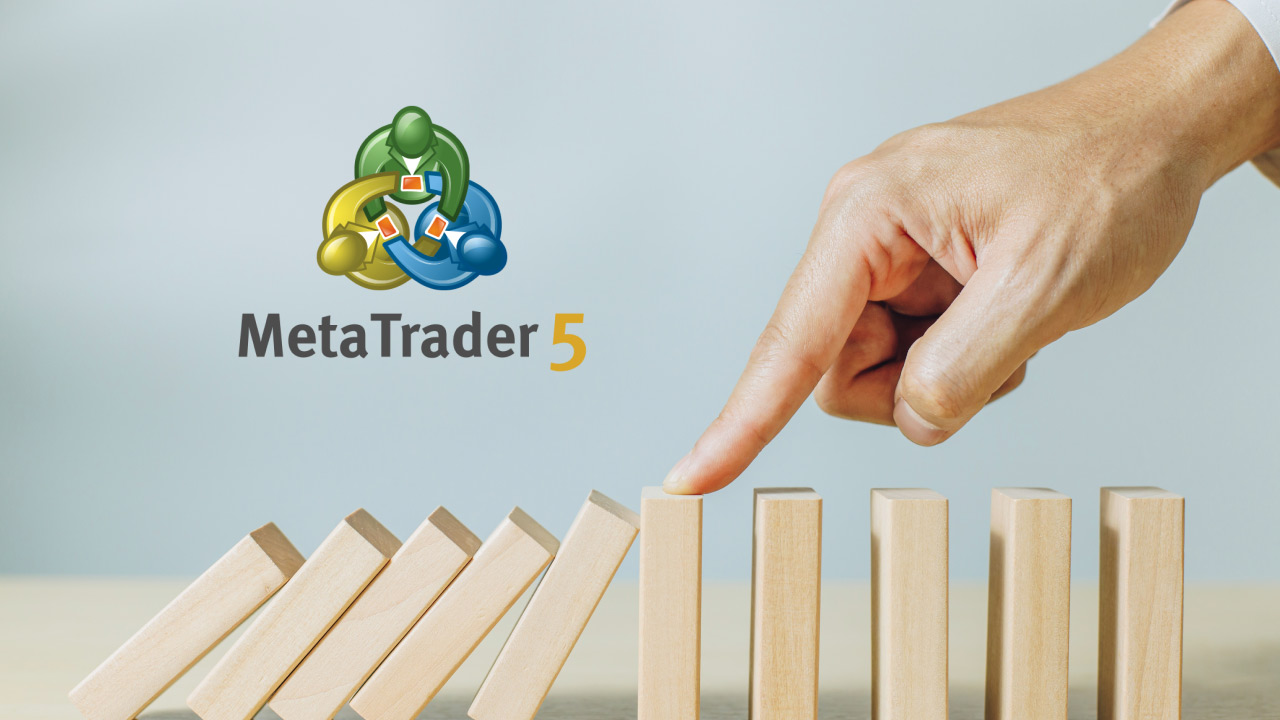 MetaTrader 5 logo with a hand stopping a row of falling wooden blocks, symbolizing risk management and trailing stop-loss in trading.