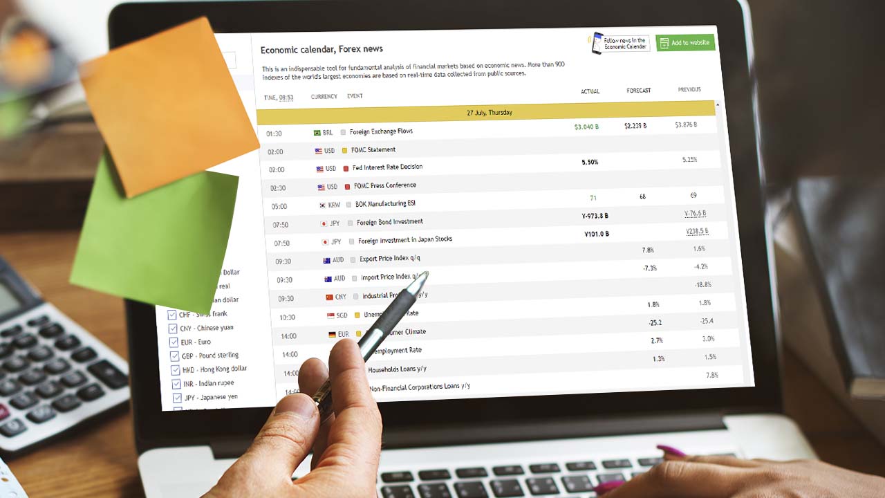 Forex Economic Calendar for 2023 – A trader analyzing upcoming market events on a laptop screen, with key financial indicators and currency impacts displayed.
